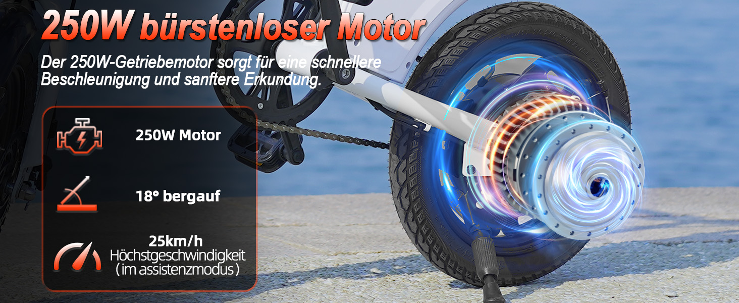 Der Text lautet „250W bürstenloser Motor“. Technische Abbildung einer blauen motorisierten Radkomponente mit technischen Daten und Leistungsanzeigen.