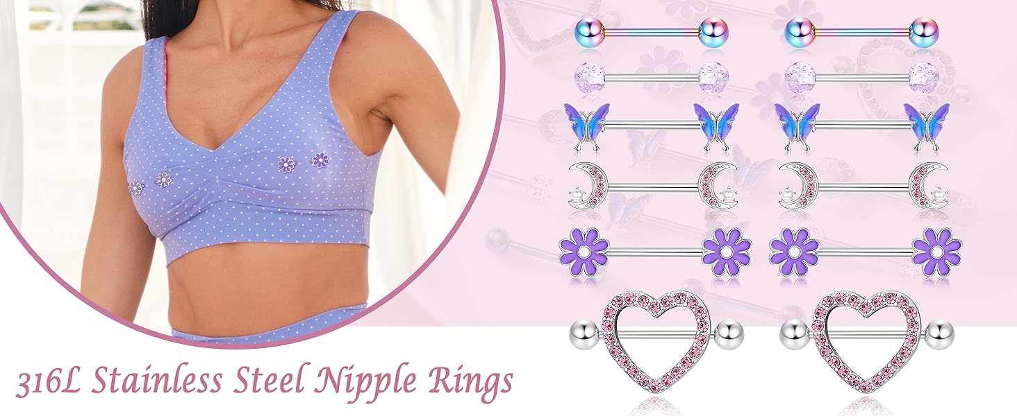 Kakonia 14 Gauge Nipple Rings Stainless Steel Cute Nipple Piercing Jewelry