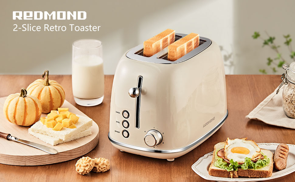 REDMOND 2 Slice Toaster, Retro Stainless Steel with Bagel, Cancel