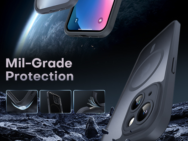 Military-grade protective phone case demonstration showing impact resistance features with dramatic lighting effects.