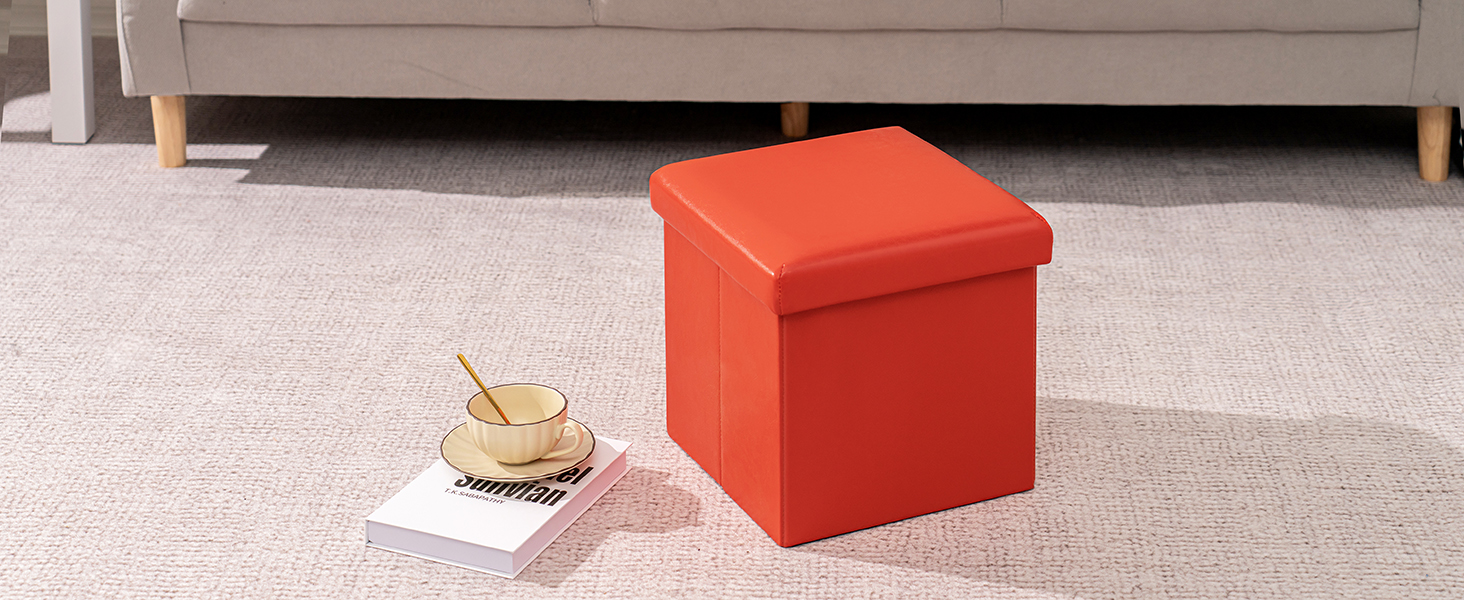 leather orange ottoman  storage box with lid