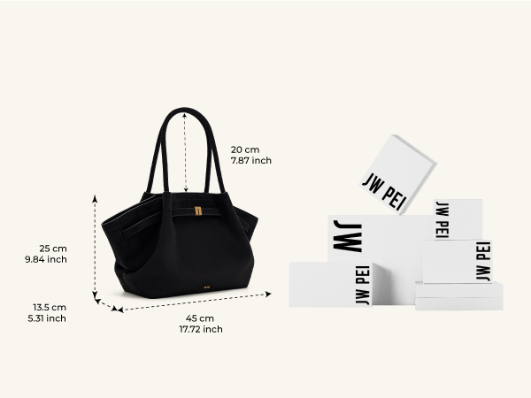 Product diagram showing black tote bag dimensions and measurements, alongside white packaging mock-ups.