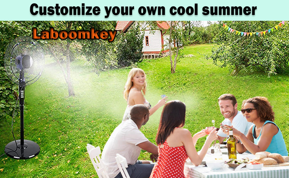 Laboomkey Stay Cool Outdoors with 18 Inch Misting Fan Kit 26ft Water Mister Spray