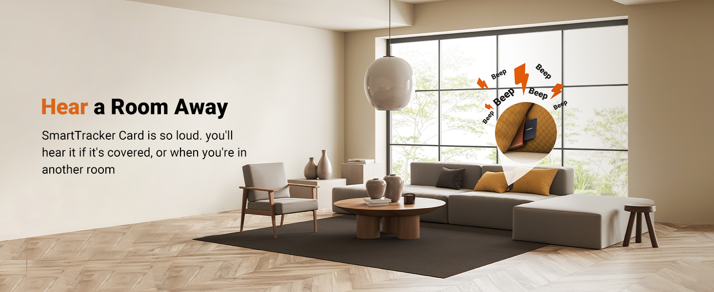 Smart speaker in modern living room with large windows. Text overlay describes device's ability to hear sounds from another room.