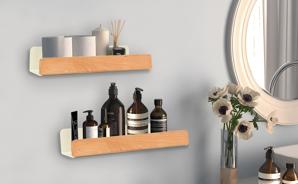 Diealles Shine Shower Shelf, No Drilling, Made of Wood, Set of 2 Shower Shelves, No Drilling