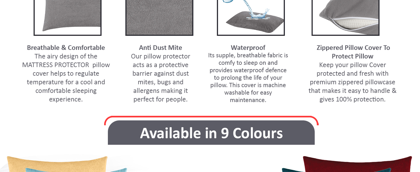 Soft, breathable, waterproof pillow protector shielding against dust mites, allergens, and spills.