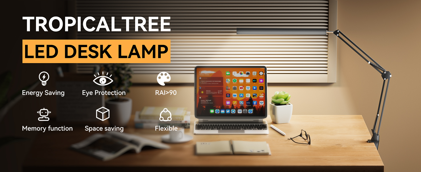 YESDEX LED Desk Lamp with Clamp, EyeCaring Clipon Reading Lamp, with