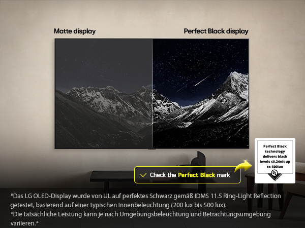 LG OLED TV: Himmel mit Sternen – eine Seite grau, die andere zeigt Perfect Black. (87 Zeichen)