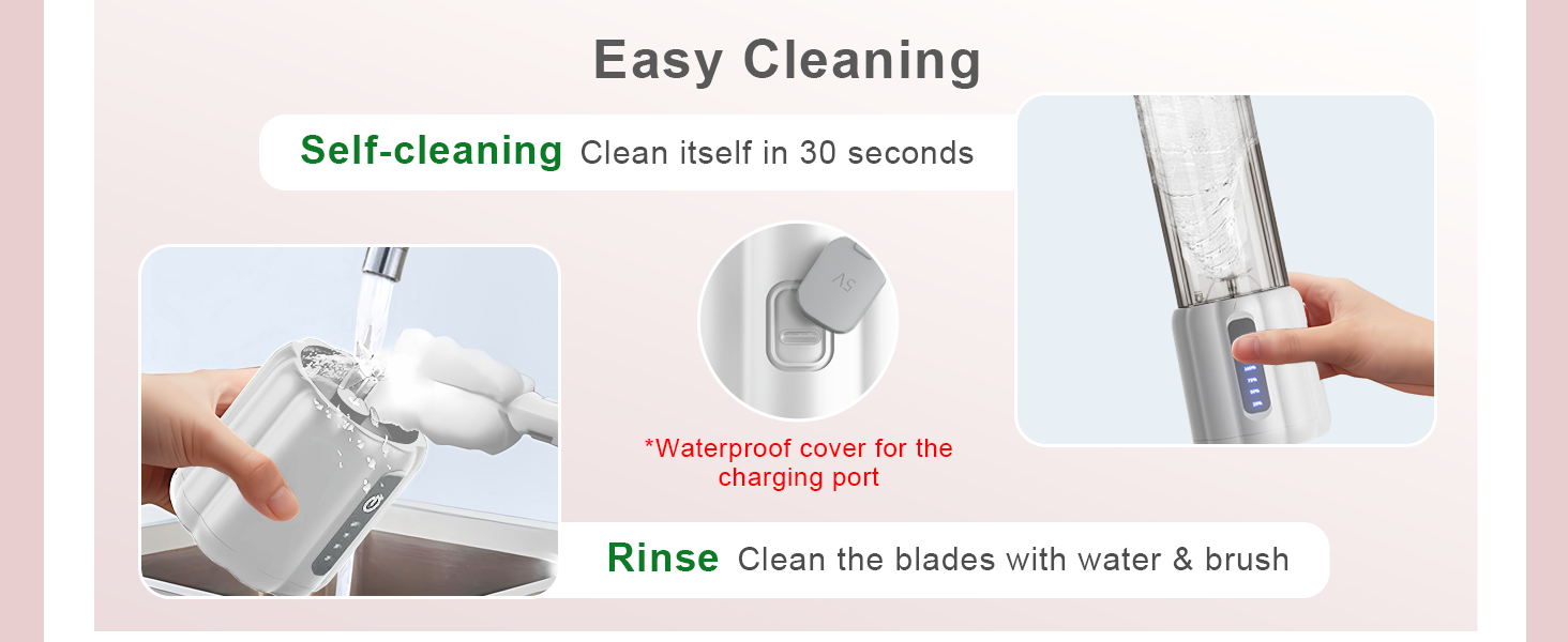 Text reads 'Easy Cleaning' with 'Rinse' instruction. Demonstration showing device cleaning process with soap and brush in two steps.