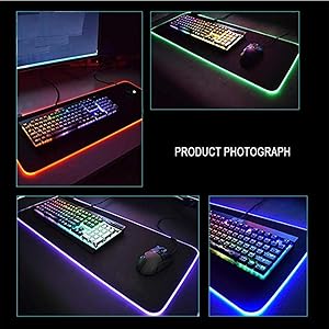 GMS WT-5 RGB Gaming Mouse Pad 80x30cm Extended Stitched Edges - 12 Lighting Modes - Braided Cable - Waterproof - Anti-Slip Rubber Base-Large 6 Multiple product photography shots of RGB gaming mousepads, showing various angles with illuminated edges glowing in different colors including blue, red, and green.