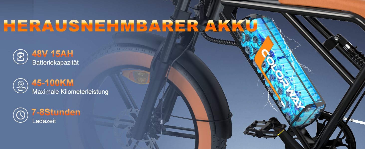 Technische Daten der Elektrofahrradbatterie: 48 V 15 AH Kapazität, 45-100 km Reichweite, 7-8 Stunden Ladezeit. Abnehmbarer blauer Akku