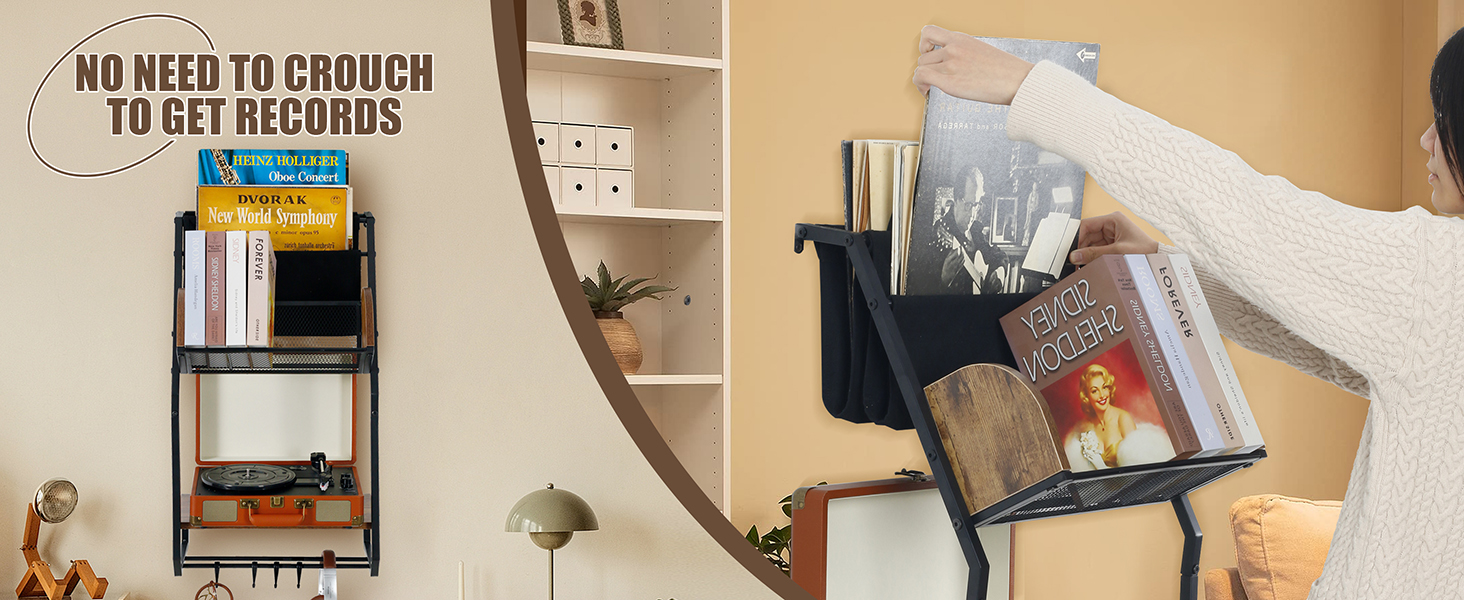 ATSKIM Wall Mounted Record Player Stands with Vinyl Storage, Vinyl Record Stand