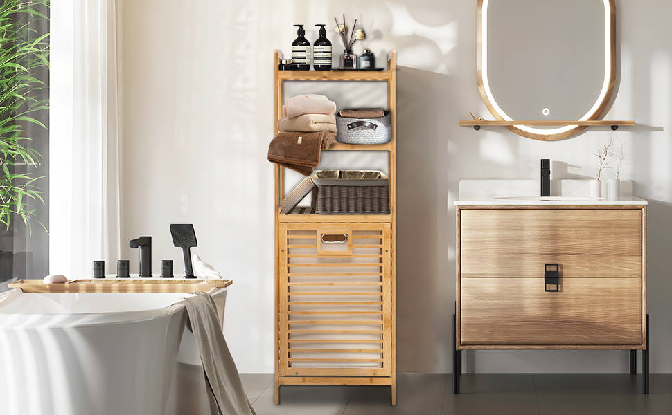 MoNiBloom TiltOut Hamper for Laundry 3Tier Bamboo Pull