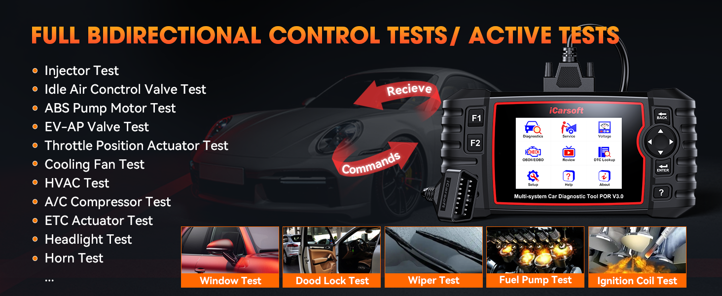 Automotive diagnostic device with color touchscreen display. Shows various vehicle system tests including injector, ABS, EVAP, and HVAC. Features bidirectional control and active testing capabilities.