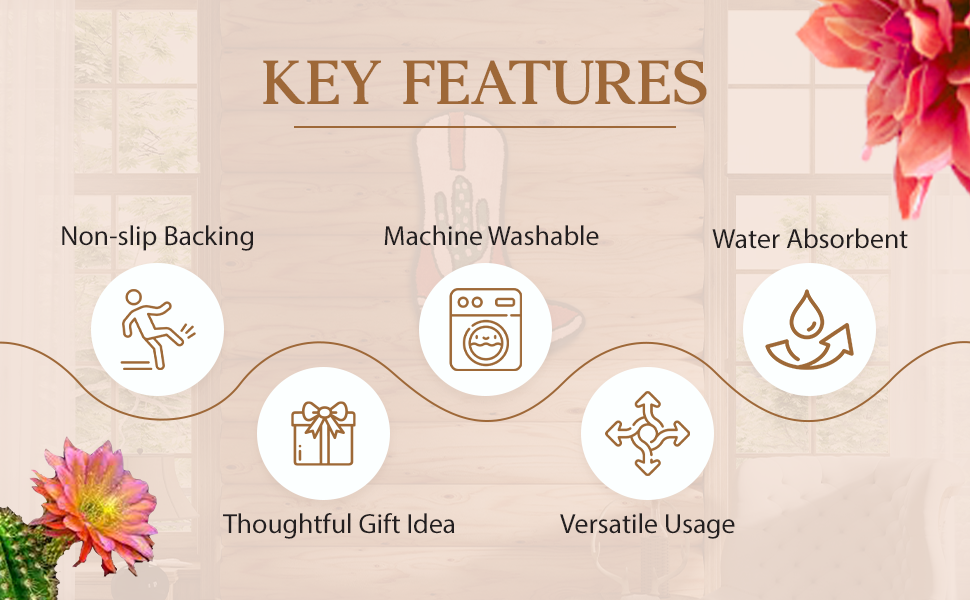 Cowboy Boot Bath Mat - 33" x 20" Western Boot Shaped Rug with Pink. Rust. and Green Cactus Design