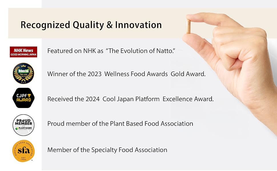 a hand holding a natto powder capsules and diverse awards