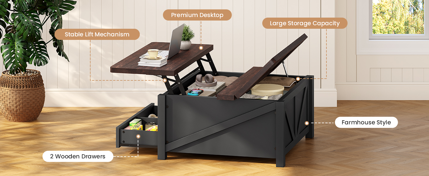 Itaar Wooden Coffee Table, Lift Top Coffee Table with