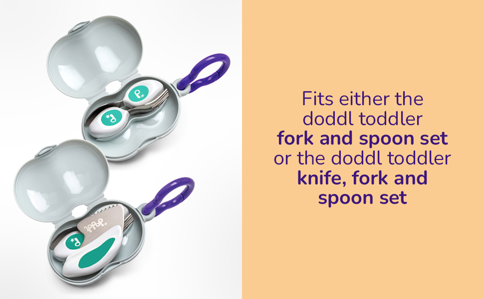 2 pieces of doddl toddler cutlery travel case showcasing the toddler cutlery sets it can carry