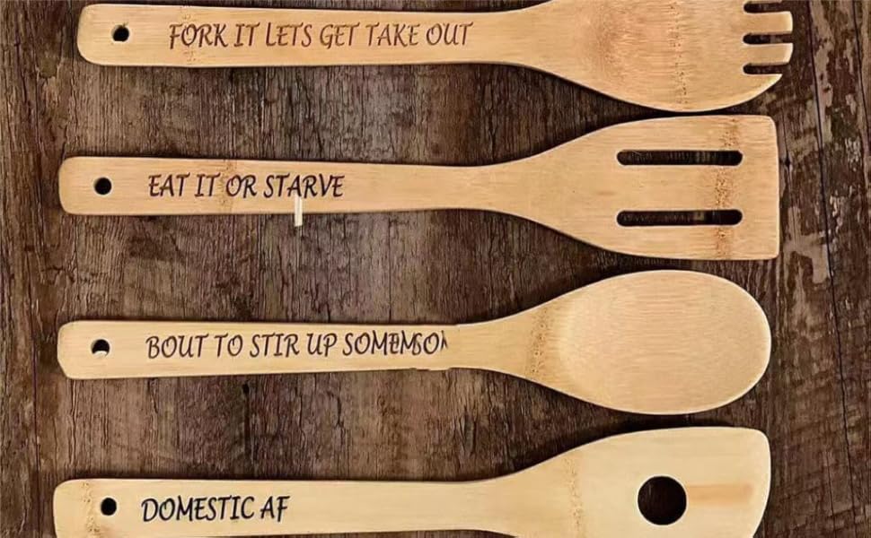 Funny Wooden Spoon Set, 6Pcs Wooden ooking Spoons, Engraved