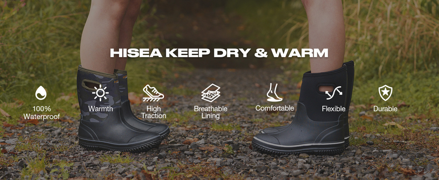 HISEA Kids Rain Boots for Boys Girls Rubber Neoprene Boots Outdoor Boots Rainboot Mud Boots