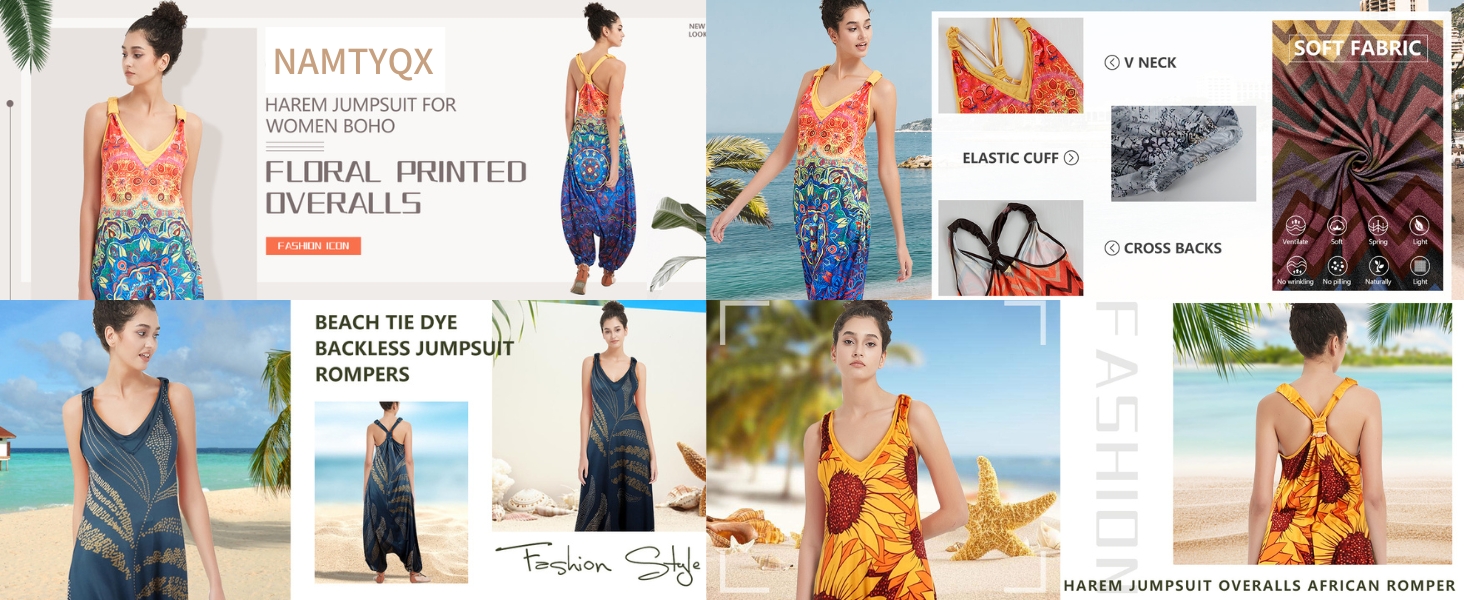 Harem Jumpsuit for Women Boho Floral Beach Tie Dye Backless Jumpsuit Rompers African Loose Fit Boho