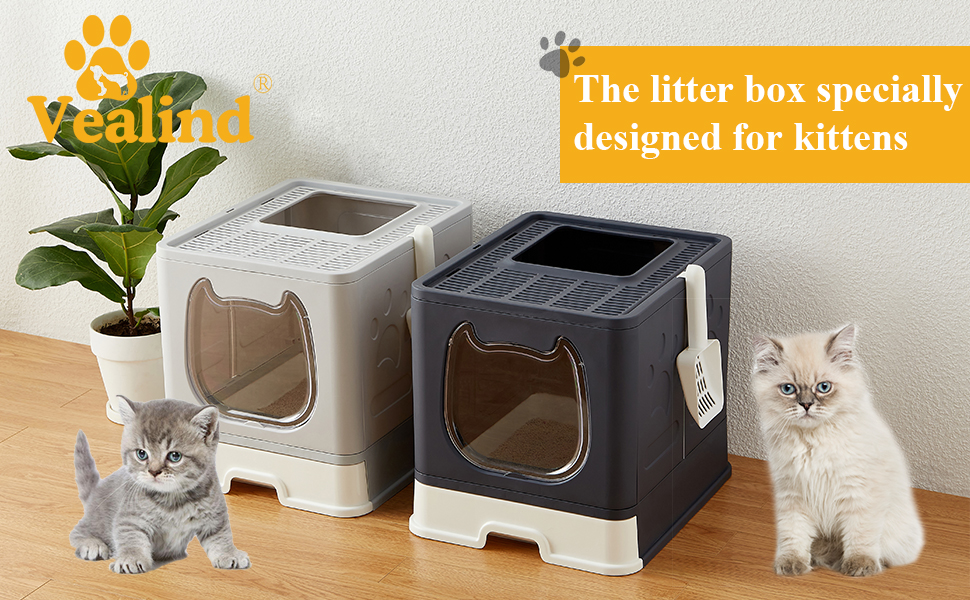 Vealind Foldable Kitten Litter Box with Lid Top Enter Litter Boxes
