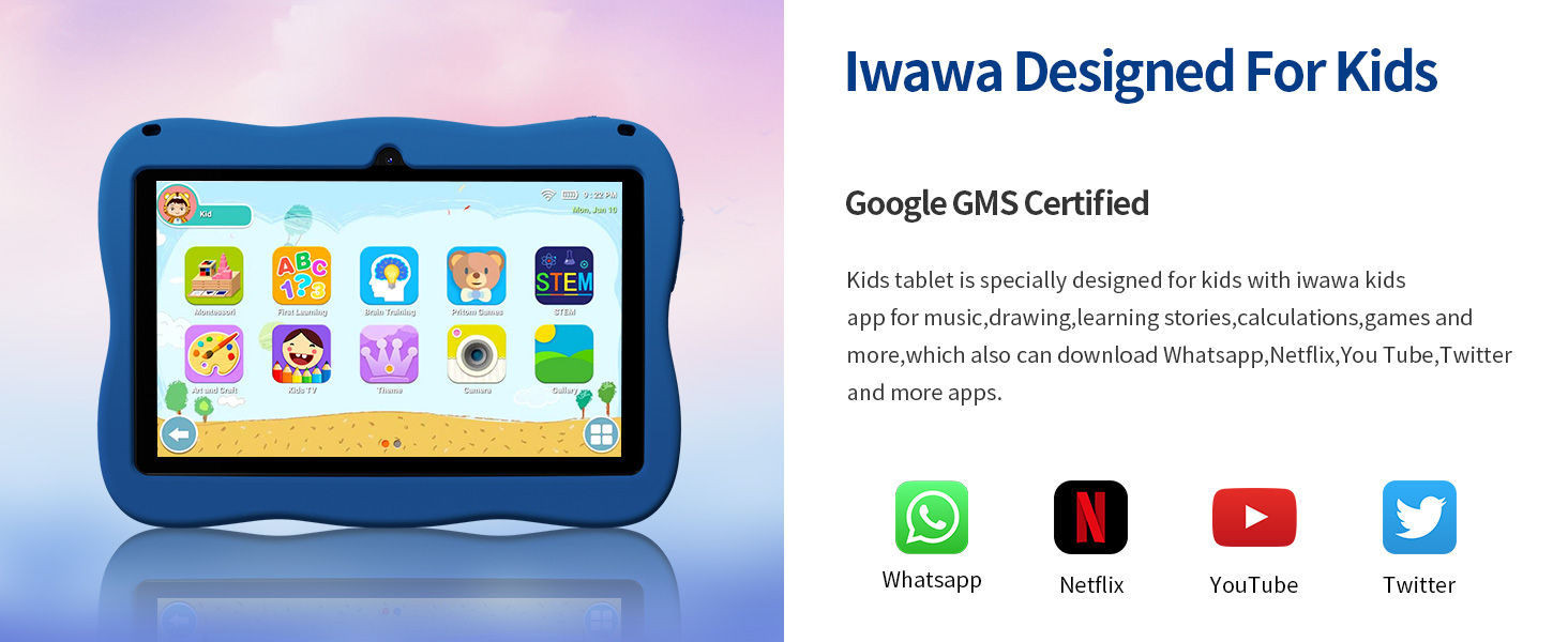Blue children's tablet device with protective bumper case. Interface shows colorful app icons. Text indicates 'Iwawa Designed For Kids' with social media icons below.