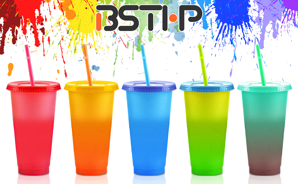 Colour Changing Cups, 24oz Reusable Plastic Cups with Lids and Straws