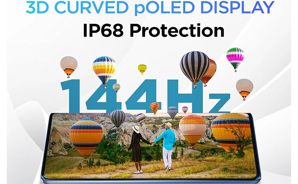 Motorola smartphone 3D curved pOLED display, 144Hz, IP68, hot air balloons on screen
