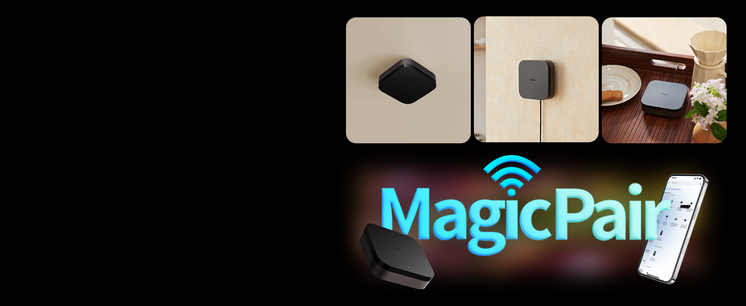 Small black wireless devices for MagicPair system. Multiple views show compact square and rectangular units. Blue text logo and smartphone pairing illustration.