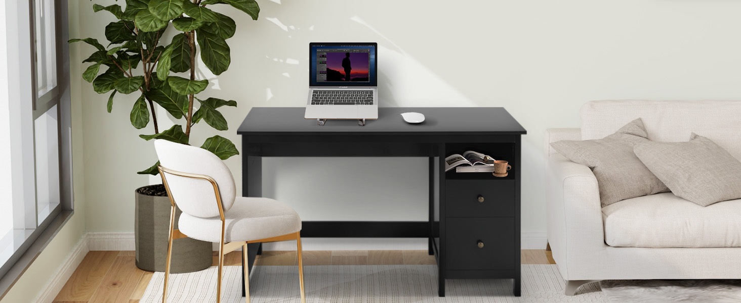 LQFATEST Black Desk with Drawers, Modern Home Office Desk