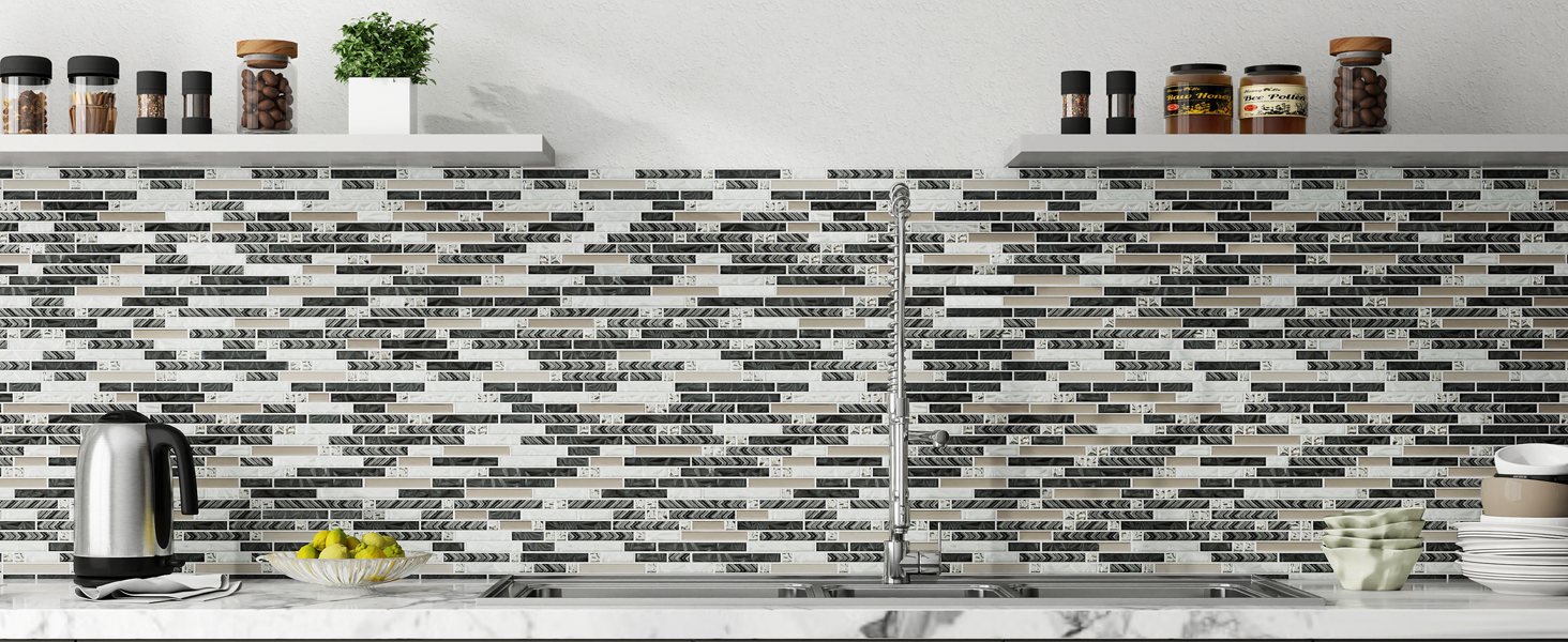 VMOZZA Glass Backsplash Tile, 5Sheet Glass Mosaic Tiles Subway Tile