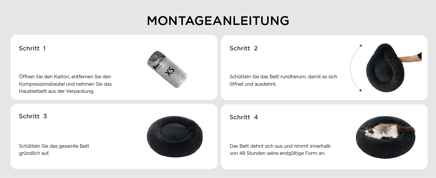 Der Text lautet „MONTAGEANLEITUNG“. Die Montageanleitung zeigt die schrittweise Installation des Produkts mit nummerierten Schritten und Abbildungen.