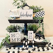 rustic modern farmhouse tier tray shelf display with black and white buffalo check garland decor