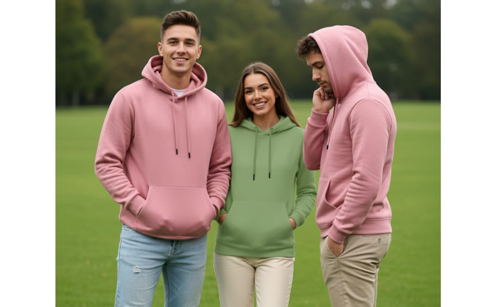 مجموعة من الأشخاص في الهواء الطلق يرتدون ملابس غير رسمية بما في ذلك البلوزات ذات القلنسوة الوردية والجينز، ويتفاعلون في منطقة عشبية.