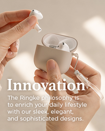 White wireless earbuds being removed from a beige charging case. The case is held in one hand while the other hand extracts an earbud, demonstrating the product's portable design.