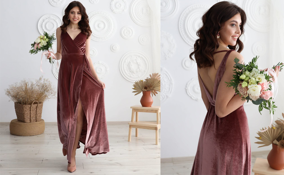 vestidos de dama de honor de terciopelo con cuello en V