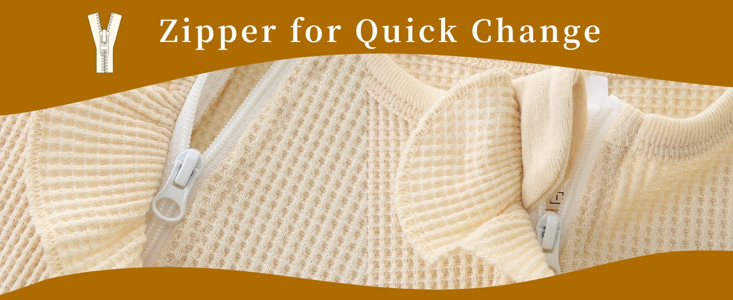 Infant fall romper is convenient to take on and off and diaper gusset gives extra room for diaper.