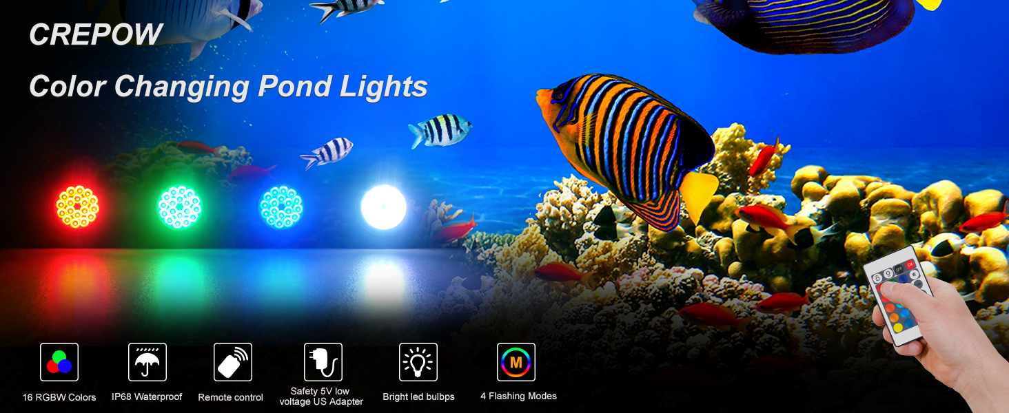 CREPOW RGBW Pond Lights, 18 LED Super Bright Underwater