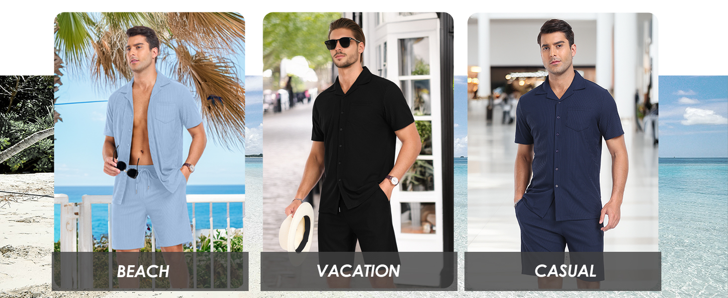 Mens Short Sleeve Outfits 2 Piece Summer Beach Button Down Shirts and Shorts Set Tracksuit