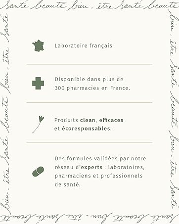 en français. Caractéristiques de la liste : laboratoire français, disponible dans plus de 300 pharmacies, produits propres et écoresponsables, formules validées par un réseau d'experts comprenant des professionnels de santé