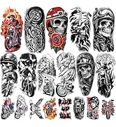 77 Sheets Temporary Tattoos, 17 Sheets Half Arm Motorcycle Skull Flame Flower Mechanical Fake Tat...