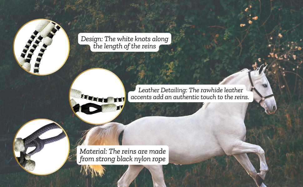 Black Nylon Rope with White Knots Raw Hide Leather Horse Tack Hand