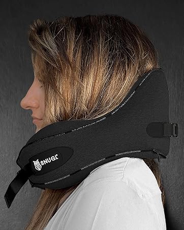 Black padded neck support device with adjustable strap, designed for neck stability and comfort.