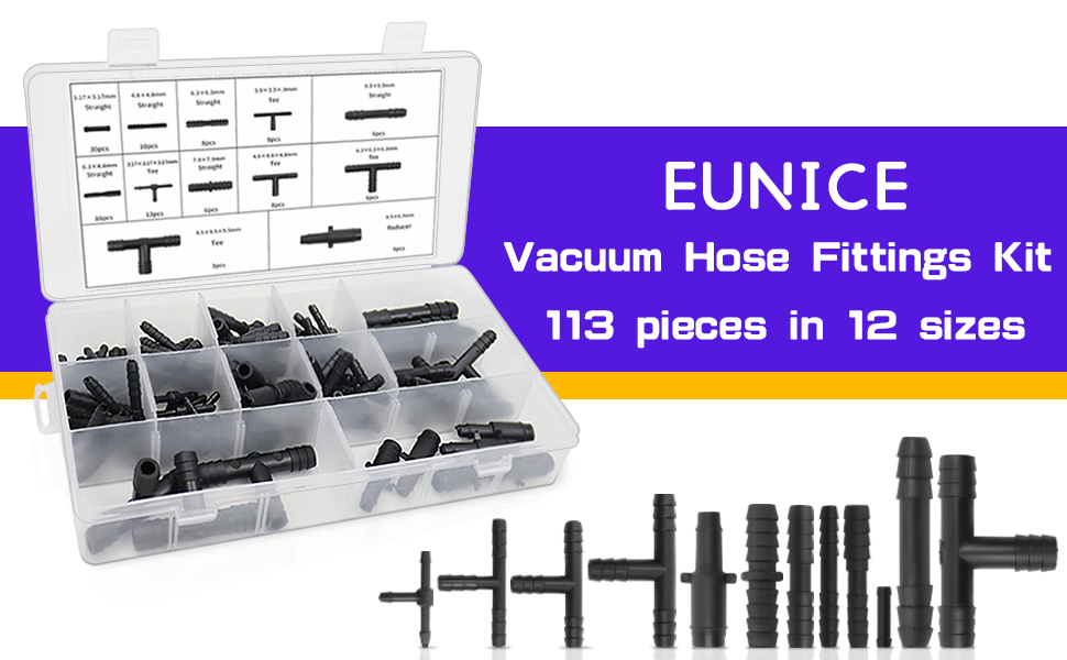 Vacuum Connector Assortment Tubing Connector 113Pcs 12 Sizes, Vacuum
