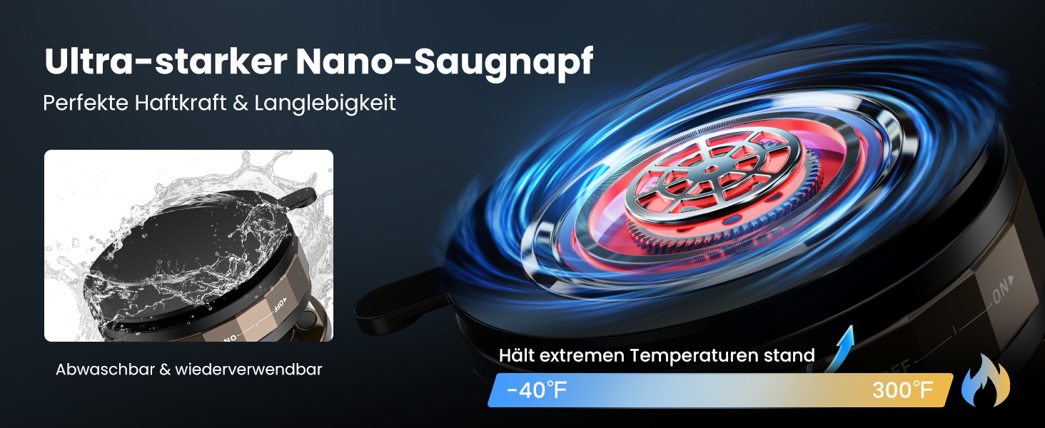 Der Text lautet „Ultrastarker Nano-Saugnapf“. Dunkles Werbebanner mit technischer Produktillustration mit spiralförmigen Designelementen.