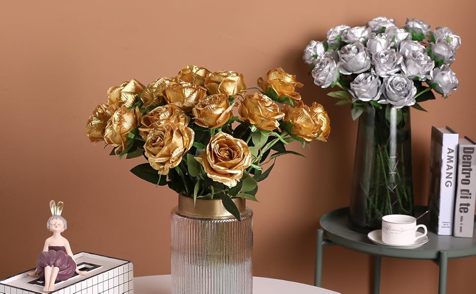 Luyue Artificial Gold Roses Flowers Fake Silk Single Rose