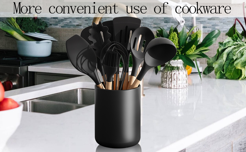 Matte Black Utensil Holder for Countertop, Ceramic Utensil Crock for Kitchen counter Easy to