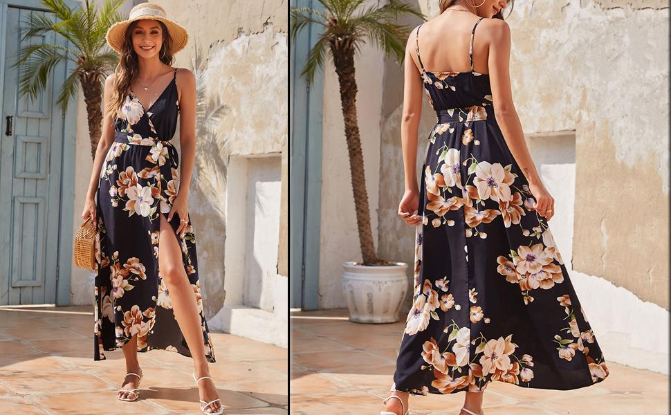 Women's Sexy Spaghetti Straps Backless Maxi Dress Sleeveless V Neck Cocktail Party Dresses