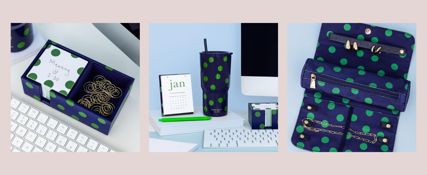 kate spade new york sonnet dot polka cute desk office work decor green navy lunchbag stationery